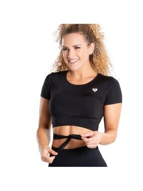 Women's Black Short-Sleeve Crop Top Tie-Waist